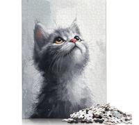 Rompecabezas de Gatito Gris caprichoso. Materiales amigables. Rompecabezas de cartón 100% Reciclado Mujeres y Hombres. 1000 Piezas (26 x 38 cm).