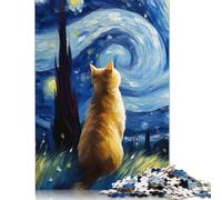 Rompecabezas de Gato bajo una Noche Estrellada. Diversión Familiar. Rompecabezas de cartón 100% Reciclado. para niños y Adultos a Partir de 12 años 1000 Piezas (75 x 50 cm).