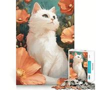 Rompecabezas de Gato Blanco con Amapolas Naranjas 1000 Piezas Juego cognitivo Divertido Troquelado de Alta precisión aliviar el estrés (38x26cm)