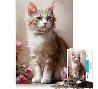 Rompecabezas de Gato Blanco con Flores Rosas 1000 Piezas Juego cognitivo Divertido Troquelado de Alta precisión aliviar el estrés (50x75cm)