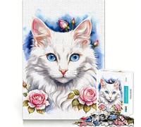 Rompecabezas de Gato Blanco con Rosas Rosas para Adolescentes 1000 Piezas estimula la Mente Divertido de Corte Limpio componentes Resistentes Actividad para Compartir en Familia (38x52cm)