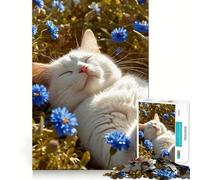 Rompecabezas de Gato Blanco durmiendo Entre Flores Azules para Adolescentes 1000 Piezas Divertido Juego de Memoria Superficie Lisa sin Rebabas Regalo de cumpleaños Juguete para ejercitar la Mente
