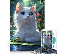 Rompecabezas de Gato Blanco y Rana en Estanque 1000 Piezas Juego de concentración Mental Corte de precisión Bordes Lisos Actividad Absorbente para Noches tranquilas (50x75cm)