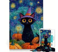 Rompecabezas de Gato de Halloween al Estilo Van Gogh para Adultos 1000 Piezas Juego para estimular la Mente tamaño Uniforme Piezas precisas Ideal para Viajar ejercitar la Mente