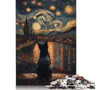 Rompecabezas de Gato de la Noche Estrellada con imágenes Personalizables. Rompecabezas de cartón 100% Reciclado para Adultos y Adolescentes 1000 Piezas (26 x 38 cm).
