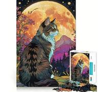 Rompecabezas de Gato del Bosque Noruego con Luna Llena para Adultos, 1000 Piezas, Rompecabezas Mental, Montaje Lento, Disfrute de la Imagen, (38x52cm)