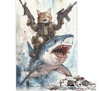 Rompecabezas de Gato montado en tiburón con Pistolas, Juego de Bricolaje, Rompecabezas de cartón Premium para Mujeres, Hombres, Regalos para el Día del Niño, 1000 Piezas (75 x 50 cm)