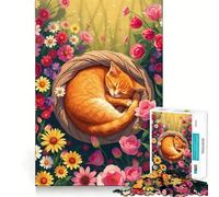 Rompecabezas de Gato Naranja durmiendo Entre Flores para Adolescentes, 1000 Piezas, Rompecabezas Mental, Divertido y Relajante, Arte para armar, Regalo Encantador 38x26cm