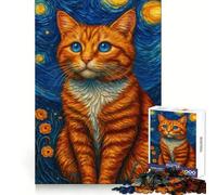 Rompecabezas de Gato Naranja Estilo La Noche Estrellada para Adultos, 1000 Piezas Fortalece la Memoria, los Lazos Familiares Bordes limpios Regalo de cumpleaños (38x52cm)