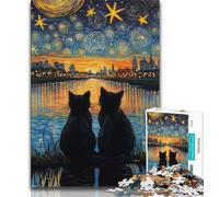 Rompecabezas de Gato Negro bajo el Cielo Nocturno, 1000 Piezas, Adultos, un desafío para la Inteligencia Cerebral, Juguetes adictivos para la decoración del hogar (38x26cm)