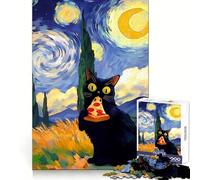 Rompecabezas de Gato Negro Comiendo Pizza, Noche Estrellada, para Adolescentes, 1000 Piezas, Habilidad de Memoria, Tiempo Libre Agradable, Bordes definidos, Sorpresa navideña (38x26cm)