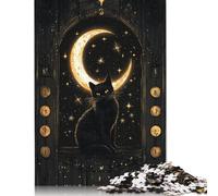 Rompecabezas de Gato Negro con Ventana iluminada por la Luna, 1000 Piezas (75 x 50 cm), cartón 100% Reciclado, Ideal para el Día de la Madre.