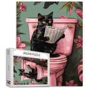 Rompecabezas de gato negro en el inodoro de 1000 piezas para adultos, lindo gatito rosa, divertido rompecabezas de baño para desafiantes juegos de actividades familiares, rompecabezas colorido de