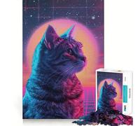 Rompecabezas de Gato Retro con Luces de neón de 1000 Piezas para Adultos Juguete Inteligente y Divertido Bordes Lisos Decoración de Pared (38x26cm)
