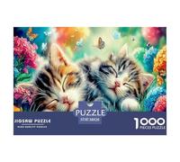 Rompecabezas de Gatos en un Pueblo para Adultos: Gatitos durmiendo Entre Flores. Regalo Divertido y Actividad para Decorar la Pared del hogar. 38 x 26 cm (1000 Piezas).