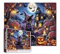 Rompecabezas de Halloween con sombrero de bruja de gato negro para adultos, 1000 piezas, gatito, casa encantada, luna llena, calabazas, murciélagos, rompecabezas nocturnos, actividades familiares