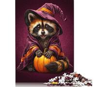 Rompecabezas de Halloween de 300 Piezas para Adultos, diseño de Mapache y Bruja, Juego desafiante y difícil, Ideal para Adolescentes y familias (40 x 28 cm).
