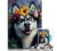 Rompecabezas de Husky con Flores para Adolescentes 1000 Piezas Ideal para Jugar en Familia cumpleaños Arte de Pared 38x26cm