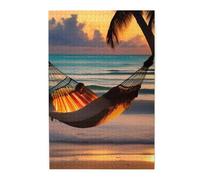 Rompecabezas de imagen de hamaca de playa y puesta de sol. Rompecabezas de madera para adultos, regalo único de decoración de pared