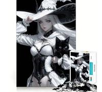 Rompecabezas de la Bruja Blanca con Gato Negro para Adultos 1000 Piezas Juego de Memoria Cerebral Corte láser para un Ajuste Perfecto aliviar el estrés (38x52cm)