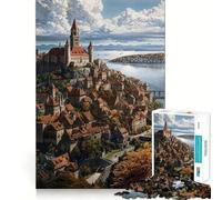 Rompecabezas de la Ciudad del Castillo Medieval Real para Adultos, 1000 Piezas, Mejora la Memoria, Relaja la Mente, Pieza de Colección de Arte de Bordes Afilados (38x26cm)