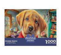 Rompecabezas de Labrador Retriever de 1000 Piezas en Papel Reciclado, Cachorro Amarillo con Ropa Roja en Escenario de Habitación Vibrante para Adultos, Divertida y Desafiante 38x26cm