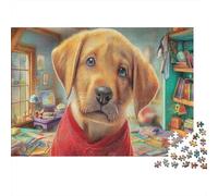 Rompecabezas de Labrador Retriever de 1000 Piezas en Papel Reciclado, Cachorro Amarillo con Ropa Roja en Escenario de Habitación Vibrante para Adultos,Regalo para la Familia, 52x38cm