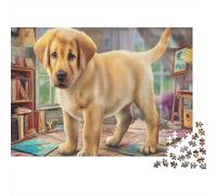 Rompecabezas de Labrador Retriever de 1000 Piezas en Papel Reciclado, Cachorro Amarillo de Pie en Escenario Interior Animado,Desafío Difícil, Decoración de Pared y Regalos, 70x50cm