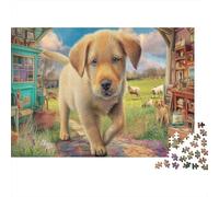 Rompecabezas de Labrador Retriever de 1000 Piezas en Papel Reciclado, Cachorro Amarillo en Escenario Paisajístico Interior-Exterior,Juego Educativo Desafiante, Actividad para el Hogar, 52x38cm