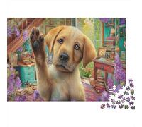 Rompecabezas de Labrador Retriever de 1000 Piezas en Papel Reciclado, Cachorro Amarillo Saludando en Escenario Brillante y Fantasía para Adultos, Regalo para la Familia, 70x50cm