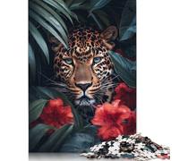 Rompecabezas de Leopardo en la Jungla con Flores Rojas. Decoración única para el hogar. Rompecabezas de cartón 100% Reciclado. Regalos para el Día del Niño. 1000 Piezas (75 x 50 cm).