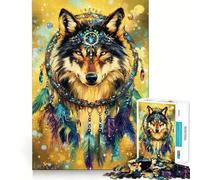 Rompecabezas de Lobo con Tocado atrapasueños,1000 Piezas,estimulación cognitiva,Divertido,sin Rebabas,Piezas de Corte Limpio,Juguete de Entretenimiento para Interiores (50x75cm)