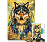 Rompecabezas de Lobo con Tocado atrapasueños,1000 Piezas para Adultos,Juego para estimular la Memoria,Calidad Profesional,Actividad de Corte conmovedora para Compartir en Grupo (38x52cm)