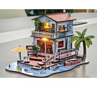 Rompecabezas de madera 3D para adultos, modelo de cabaña junto al mar, kit de construcción en miniatura con luces LED, océano, playa, vacaciones, casa, modelo rural, manualidades, decoración del hogar
