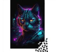 Rompecabezas de Madera Cat Neon Art3 para Adultos, 1000 Piezas, Rectangular, Ideal para Navidad, decoración del hogar y Juegos Familiares (75 x 50 cm)