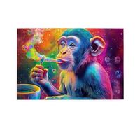 Rompecabezas de madera de 1000 piezas con un primate colorido con un mono que lleva una taza de café para adultos, regalos para decoración del hogar
