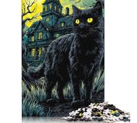 Rompecabezas de Madera de 1000 Piezas Mansión Inquietante a la Luz de la Luna con Gato Negro, Regalo Creativo único para Adultos, Juego Familiar (75 x 50 cm)