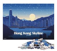 Rompecabezas de Madera de 1000 Piezas para Adultos, diseño del Horizonte de Hong Kong de Noche. Rompecabezas Cuadrado para niños, Juegos Familiares, 1000 Piezas (75 x 50 cm).