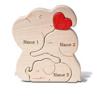 Rompecabezas de madera de 3 miembros de la familia con corazón rojo, rompecabezas de madera 2D con decoración de madera de elefante, decoración de elefante decorativo para el hogar, la oficina, el