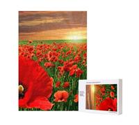 Rompecabezas de madera de 300 piezas "Campo de amapolas al atardecer" para diversión familiar y para adultos.