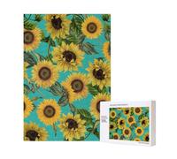 Rompecabezas de Madera de 300 Piezas con Girasoles Vintage sobre Fondo Verde Azulado, con Caja para Adultos.