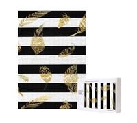 Rompecabezas de madera de 300 piezas con hojas doradas y rayas blancas y negras para diversión familiar de adultos.