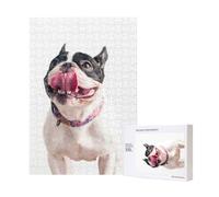 Rompecabezas de madera de 300 piezas de bulldog francés, perro curioso y feliz, para diversión familiar y para adultos.