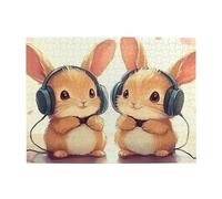 Rompecabezas de madera de 500 piezas con dos conejos que llevan auriculares, rompecabezas desafiante para adultos, tamaño de juego de 15 x 20.4 pulgadas
