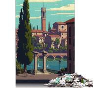 Rompecabezas de Madera de 500 Piezas para Adultos, Verona, Pixel Art, Cuadrado, para niños, Juegos Familiares, 52 x 38 cm.