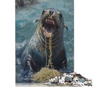 Rompecabezas de Madera para Adultos con diseño de Foca Comiendo Espaguetis, Ideal para Adolescentes, decoración del hogar, 1000 Piezas (75 x 50 cm)