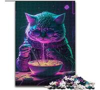 Rompecabezas de Madera para Adultos de 1000 Piezas: Gato Comiendo Ramen Padres, Parejas y Amigos Mayores de 14 años 50x75cm Ideal para cumpleaños, Vacaciones, Navidad y Halloween