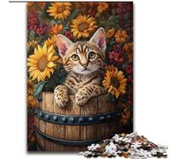 Rompecabezas de Madera para Adultos Gato Entre Girasoles, 50x75cm, Ideal para decoración del hogar, Ideal para Adolescentes y familias