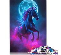 Rompecabezas de Madera para Adultos y Adolescentes: Caballo de neón con Luna. Diversión Familiar y Noche de Juegos. 1000 Piezas (75 x 50 cm).