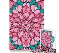 Rompecabezas de Mandala Floral de vidrieras en Rosa y Turquesa de 1000 Piezas para Adolescentes Mejora la Memoria Divertido y Relajante Bordes Afilados 38x26cm